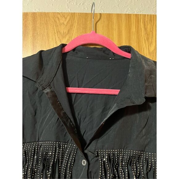 Woman’s Black Button Up Top With Rhinestone Fringe Woman’s Size Large - Picture 6 of 10